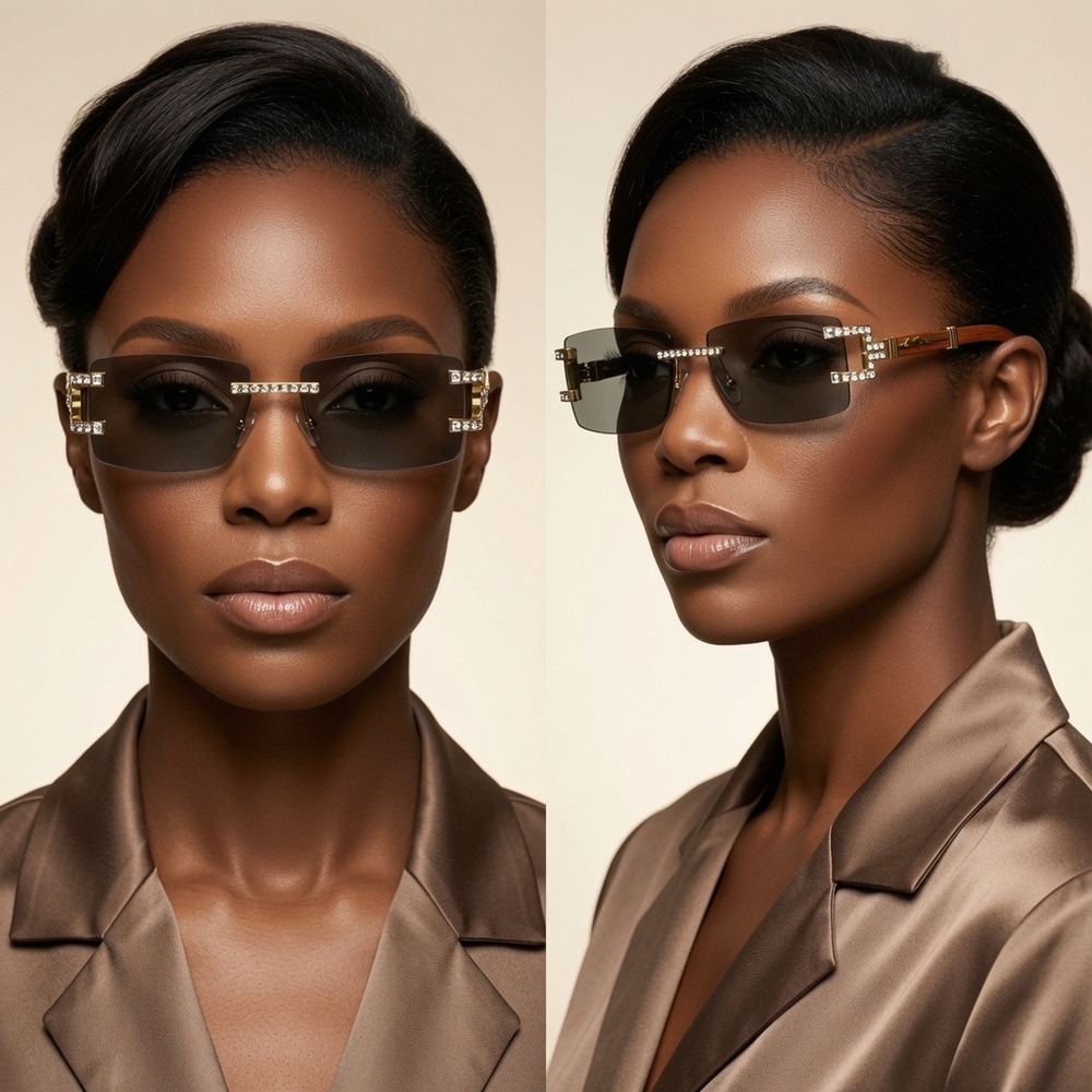 Women Gold Rimless Rectangle Rhinestone Sunglasses Grey Lens Wood Grain Arms Y2K